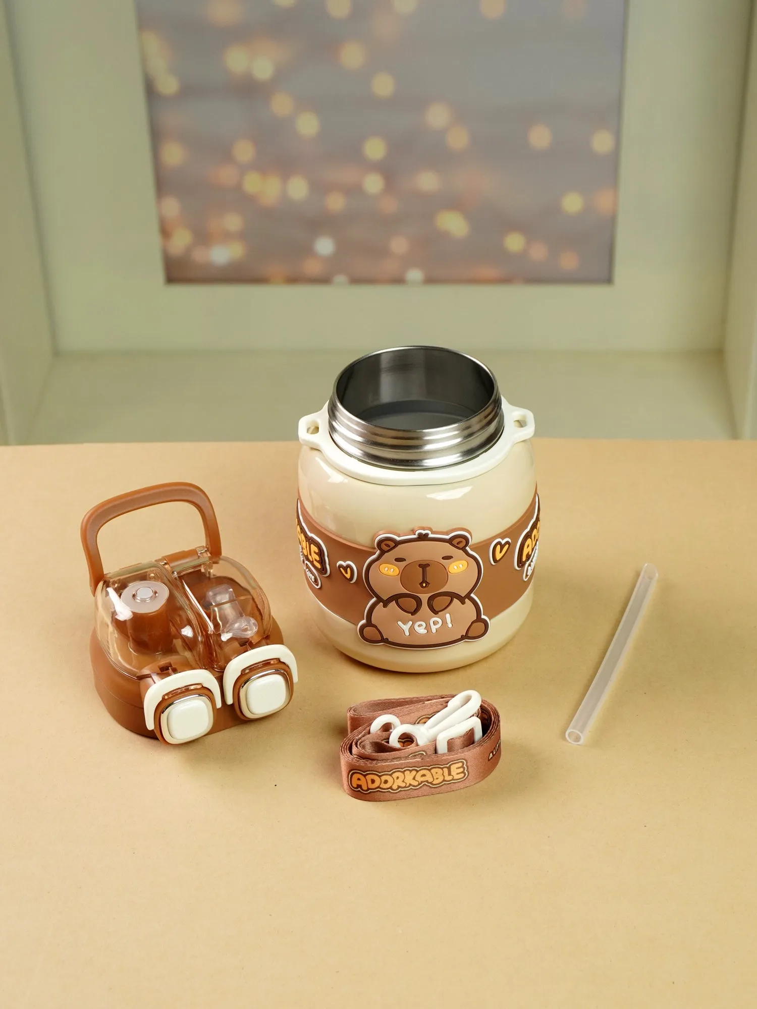 Brown Two way Lid Style Capybara theme Stainless Steel Kids Water Bottle,660ml