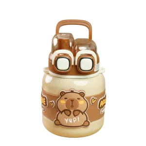 Brown Two way Lid Style Capybara theme Stainless Steel Kids Water Bottle,660ml