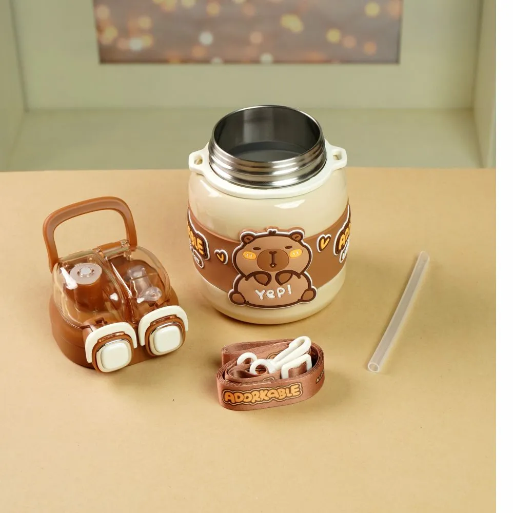 Brown Two way Lid Style Capybara theme Stainless Steel Kids Water Bottle,660ml