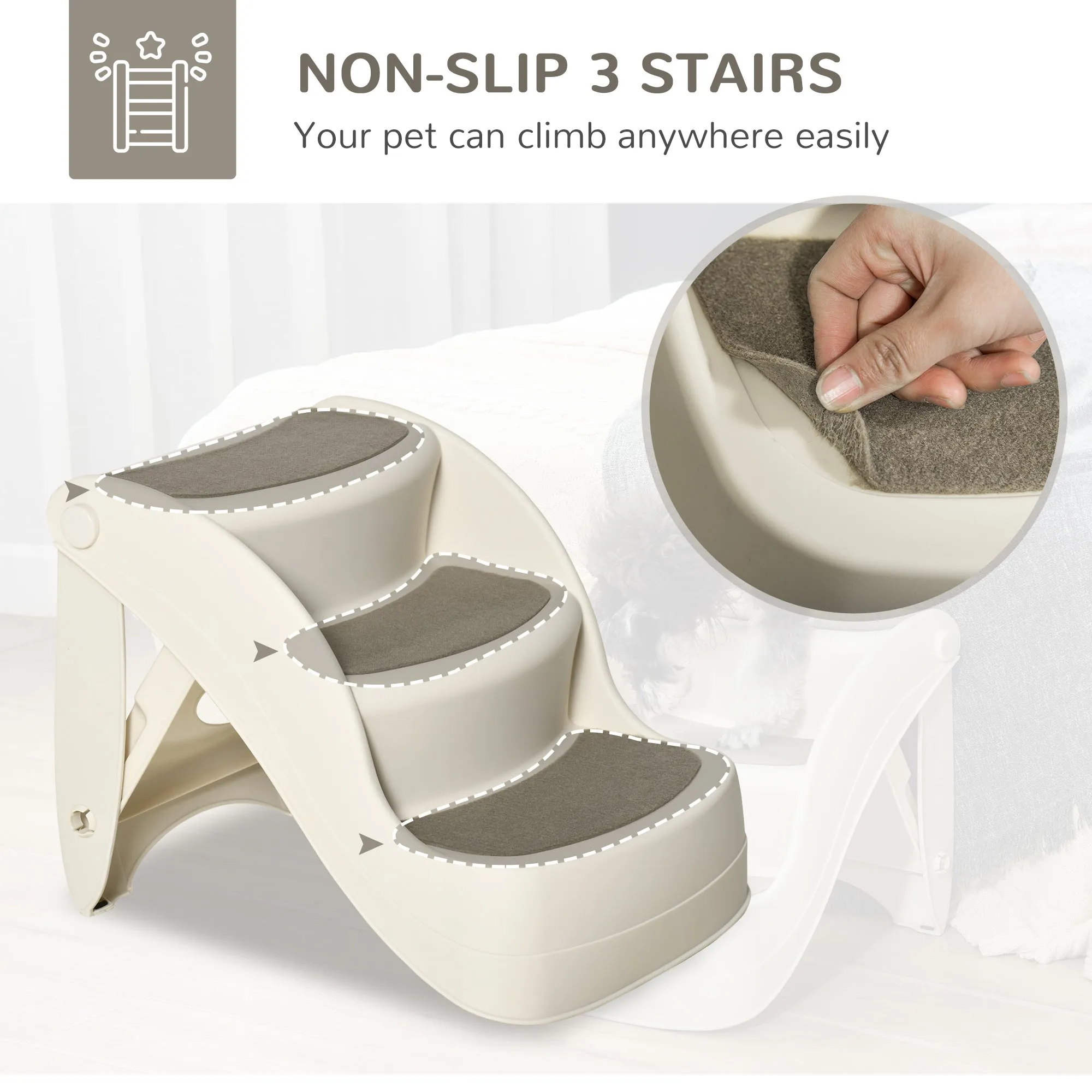 Foldable Pet Stairs Portable Dog Steps 3-Step Design with Non-slip Mats for High Beds Sofas 49 x 38 x 38 cm Cream