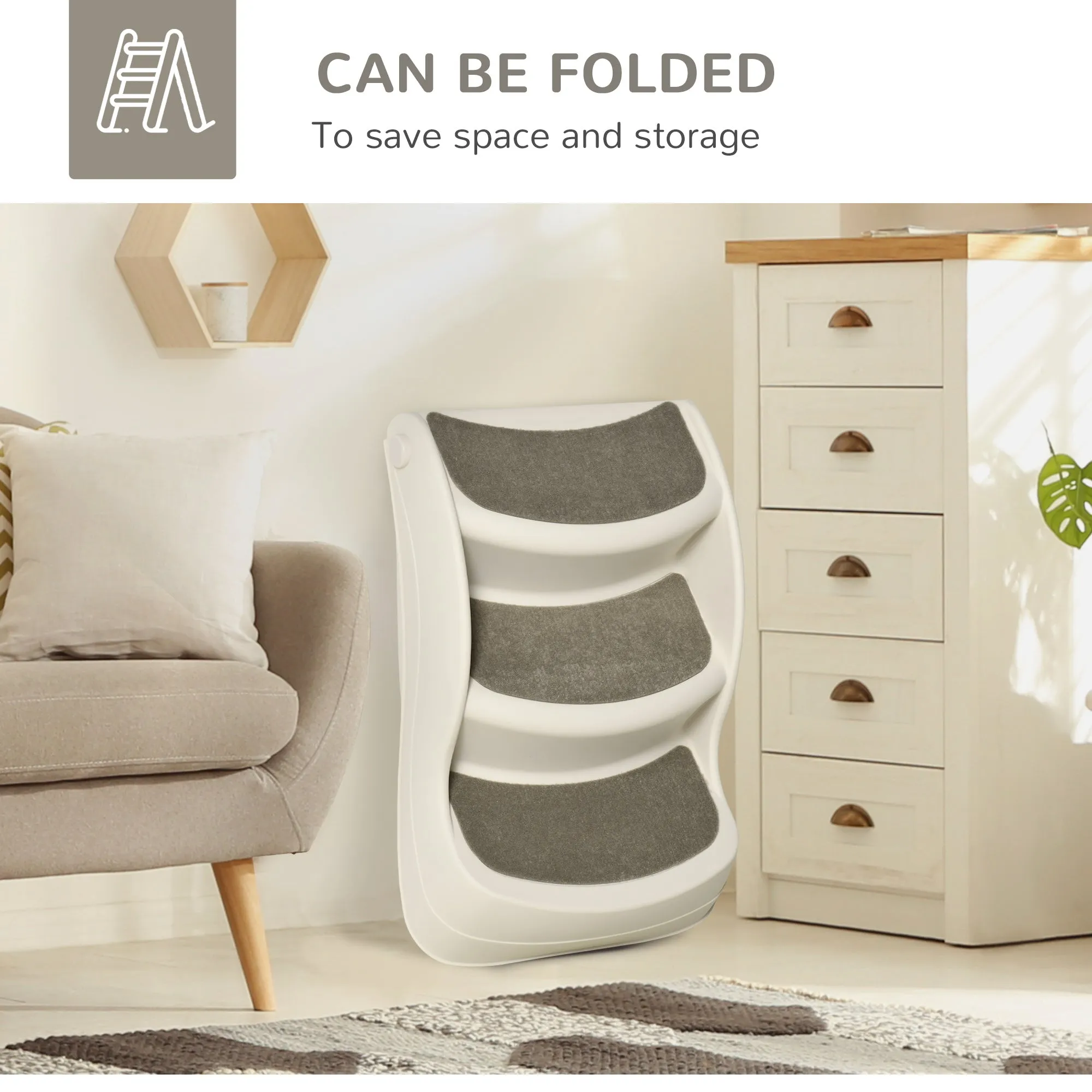 Foldable Pet Stairs Portable Dog Steps 3-Step Design with Non-slip Mats for High Beds Sofas 49 x 38 x 38 cm Cream
