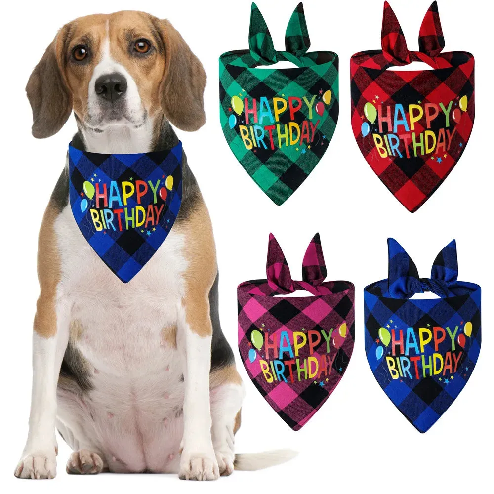 Funny Cute Cotton Plaid Happy Birthday Dog Bandana | Pet Party Decorations Supplies | Triangle Bibs Prop Accessories Gift | Alo Trendy