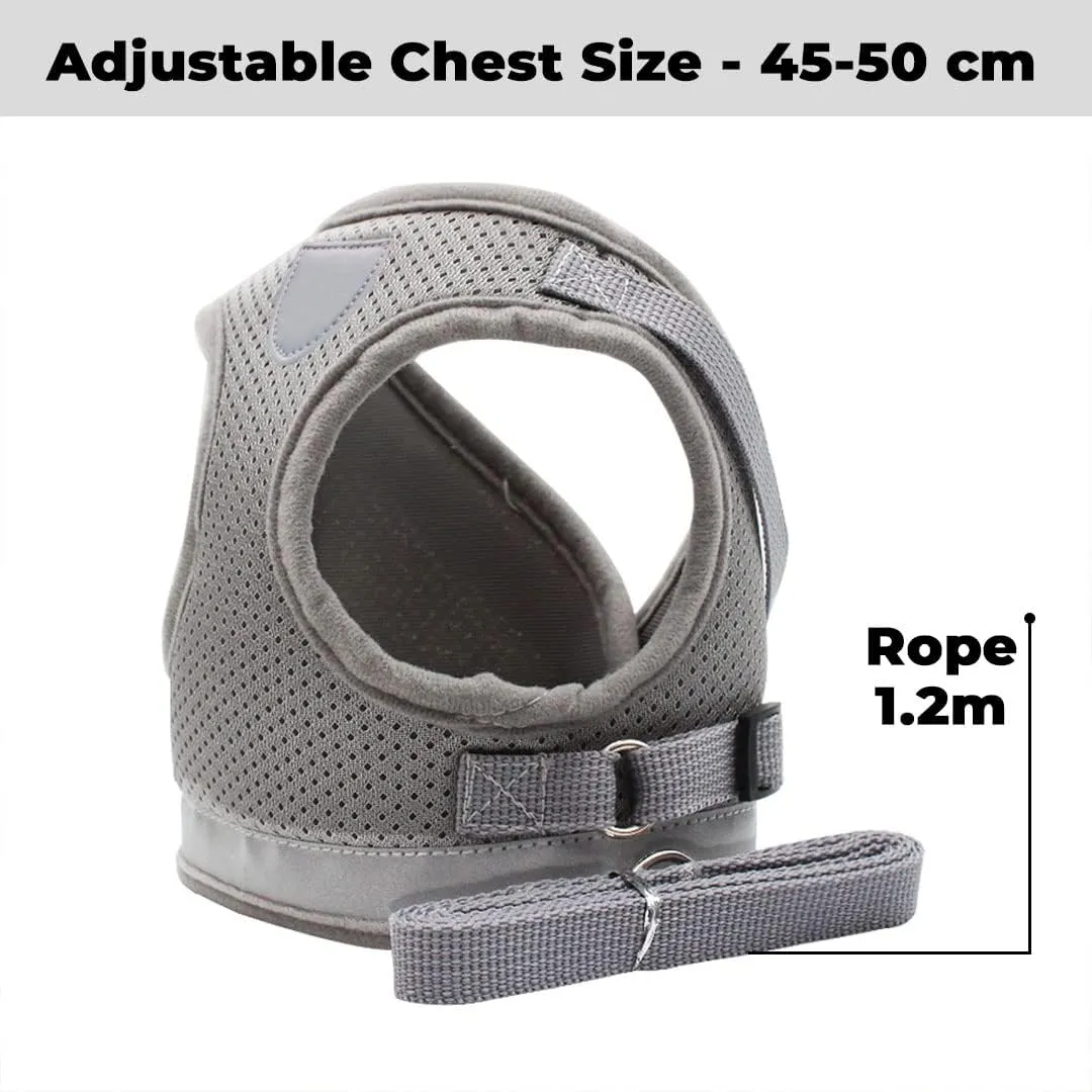 Kuber Industries Reflective Dog Harness with Adjustable Leash|Breathable Polyester Mesh Fabric |Medium Size|HT-844|Comfortable No-Pull Grip|Quick Release Buckles|Easy On-Off Harness|Grey (Pack of 2)