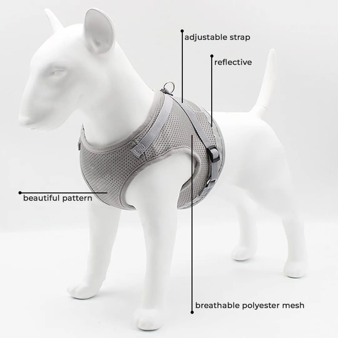 Kuber Industries Reflective Dog Harness with Adjustable Leash|Breathable Polyester Mesh Fabric |Medium Size|HT-844|Comfortable No-Pull Grip|Quick Release Buckles|Easy On-Off Harness|Grey (Pack of 2)