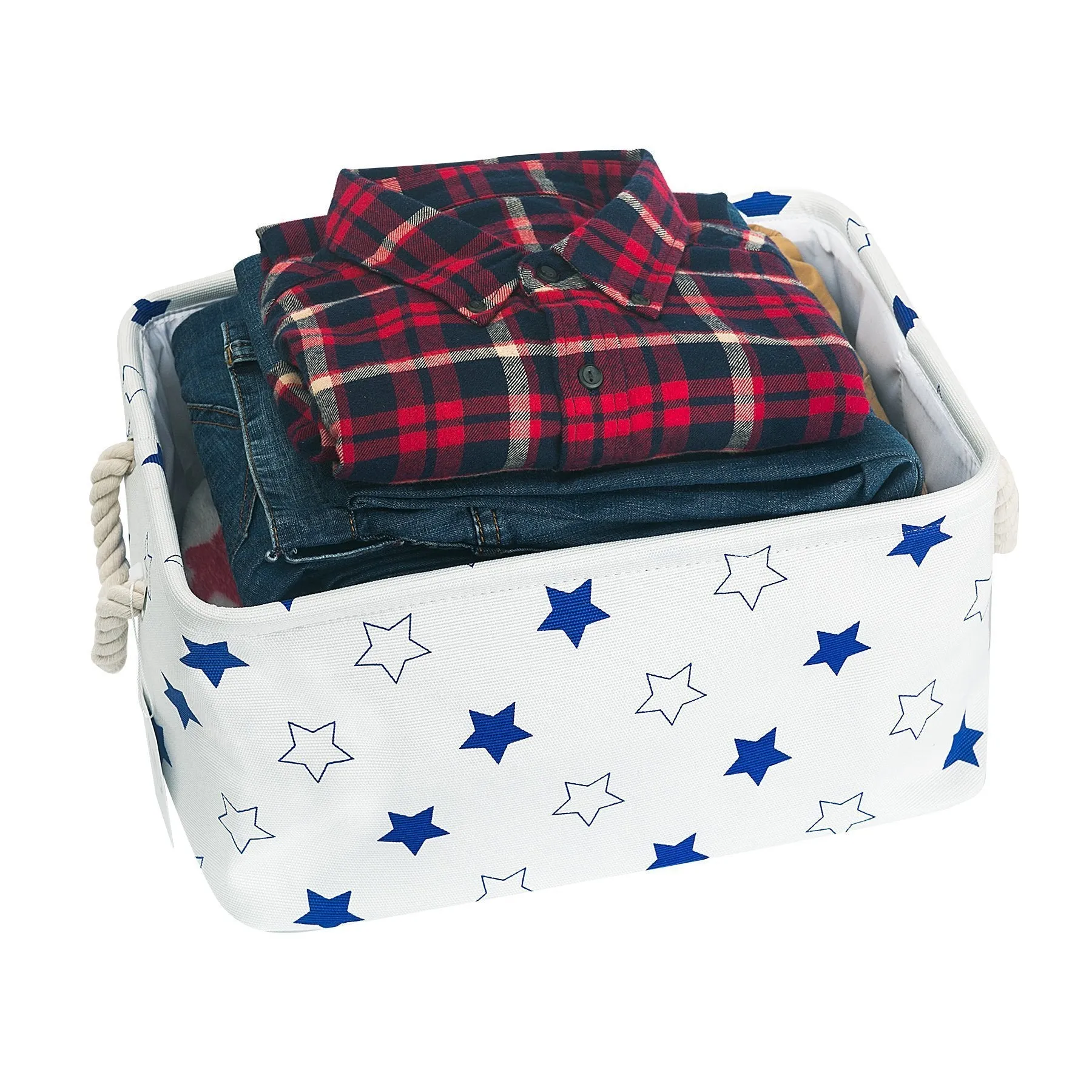 Storage Bin, Zonyon Rectangular Collapsible Linen Foldable Storage Container,Baby Basket,Hamper Organizer with Rope Handles for Boys,Girls,Kids,Toys,Office,Bedroom,Closet,Gift Basket,Blue Star