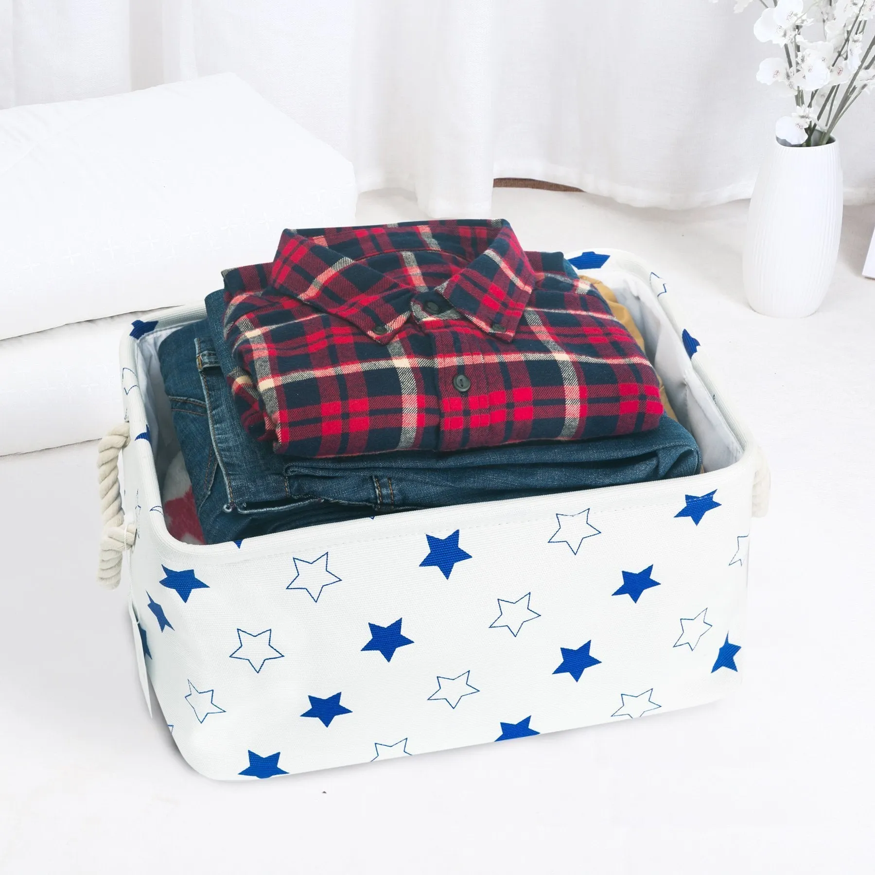 Storage Bin, Zonyon Rectangular Collapsible Linen Foldable Storage Container,Baby Basket,Hamper Organizer with Rope Handles for Boys,Girls,Kids,Toys,Office,Bedroom,Closet,Gift Basket,Blue Star